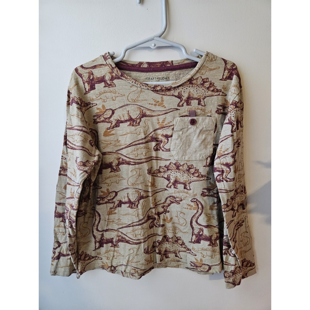 QRAFT + FLOW Little Boy George Dino‎ LS Crew Shirt Size S–M Latte 100% Cotton
